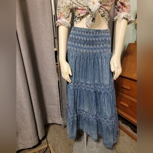 Boho Celestial Hippie Blue Chambray Lightweight Denim Tiered Maxi Skirt Lapis L